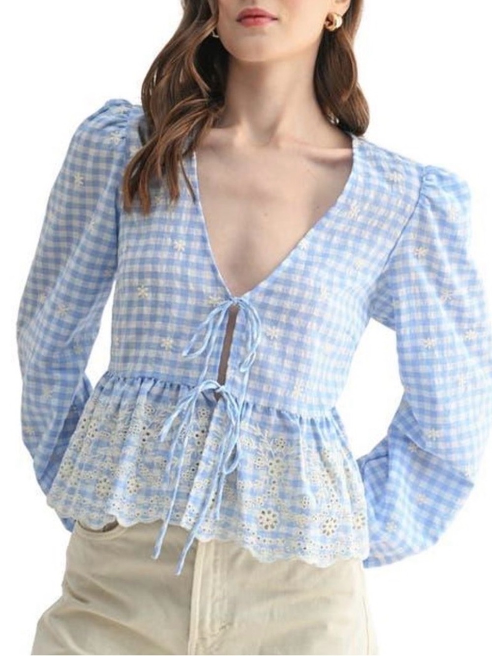 LUSH Gingham Eyelet Long Sleeve Peplum Top sz XL NWOT